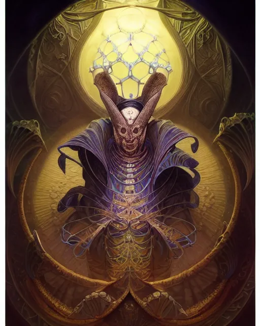 Image similar to front shot of a court jester character, hyperdimensional, bioluminescent hypercubes, ((intricate)), elegant, highly detailed, centered, (((artstation, concept art, smooth, sharp focus, artgerm, Tomasz Alen Kopera, Peter Mohrbacher, donato giancola, Joseph Christian Leyendecker, WLOP, Boris Vallejo))), mugshot!!!!!, ugly!!!!!!, octane render, nvidia raytracing demo, grainy, muted