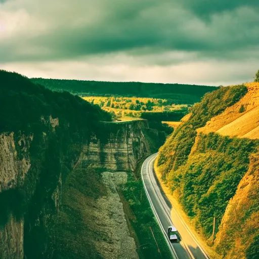 Prompt: 90s kodak photo of a rural countryside, hilly, sharp cliffs, forested, natural, beautiful, warm lighting, hyperdetailed, tilt shifted, highway, train bridge, digital photography