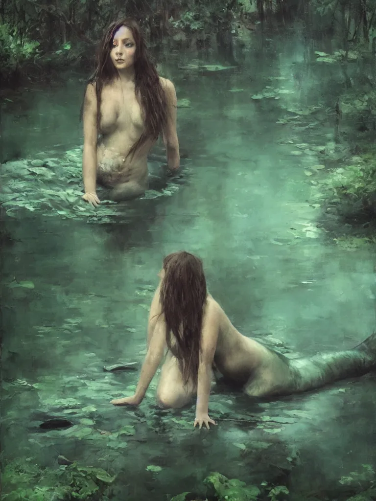 Image similar to detailed cinematic moody colors studio a mermaid resting near a pond a dense forest, high quality by jeremy mann, only one head single portrait