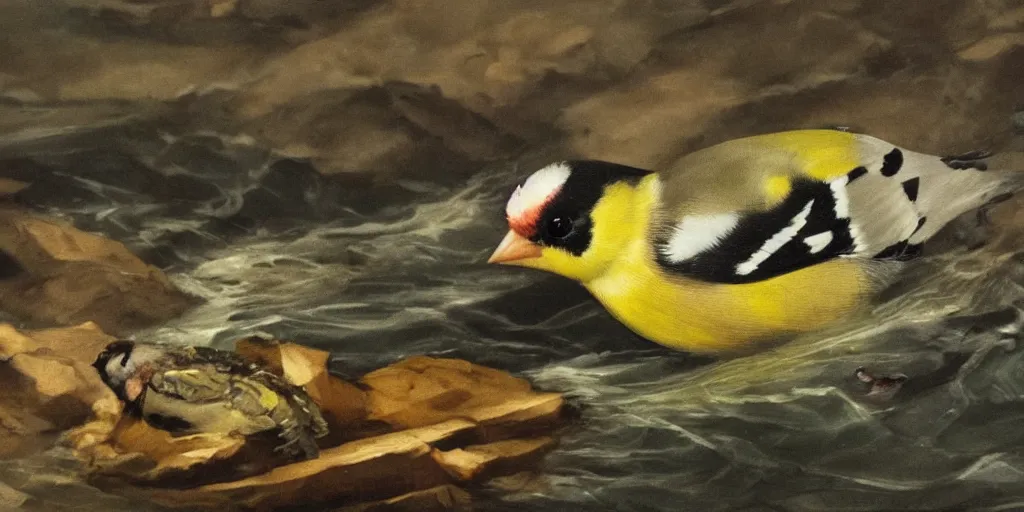 Prompt: painting of a goldfinch drowning in a river of nightmares. by theodore gericault, realistic oil painting, 4 k, studio lightning, award winning, very detailed shadows