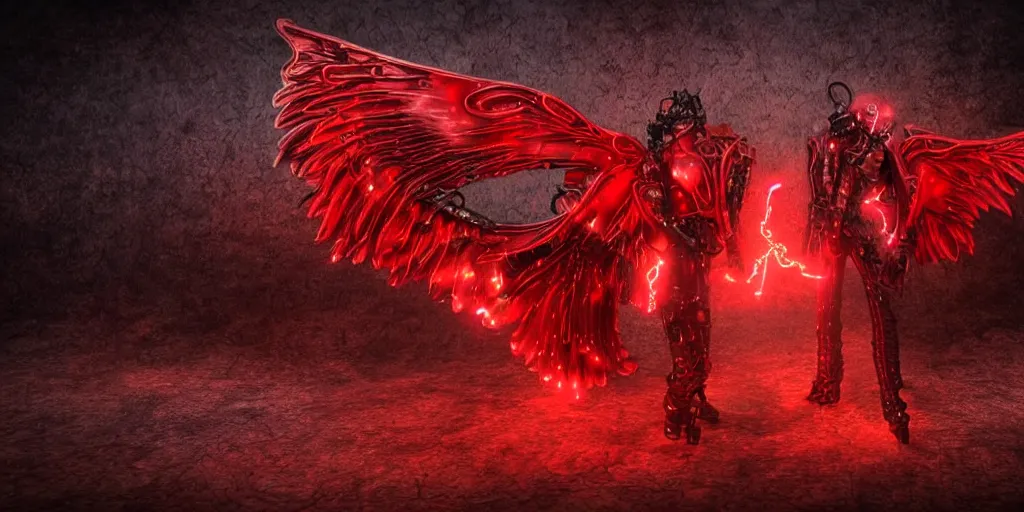 Image similar to pair of red mechanical demon wings, steampunk style, highly detailed, red houdini particle effects, glow, black background