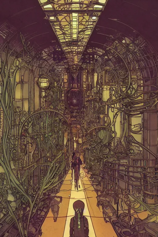 Image similar to front view on steampunk airplane hallway, kid and mad scientist walking, giant video screens, sci - fi, big interior plants, retrofuturism, concept art by mucha and moebius and victo ngai, architecture by francois schuiten, clean line, diesel punk, artstation