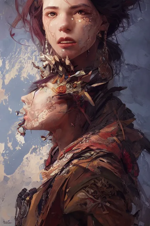 Image similar to A masterpiece portrait of a Incredibly beautiful queer Syberian post apocalyptic shaman girl . medium shot, intricate, elegant, highly detailed. trending on artstation, digital art, by Stanley Artgerm Lau, WLOP, Rossdraws, James Jean, Andrei Riabovitchev, Marc Simonetti, Yoshitaka Amano