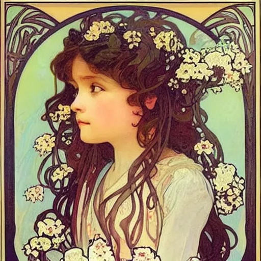 Image similar to art nouveau painting by Alphonse Mucha of a little girl with curly brown hair framed by flowers. Soft, muted colors, dreamy aesthetic.