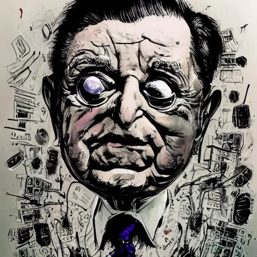 Image similar to George Soros by Ralph Steadman, illustration, body horror, biopunk