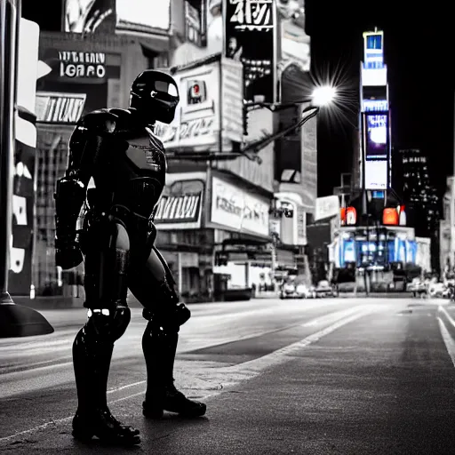 Prompt: professional photography of robocop stepping out of a jet black police car, city at night, street lamps, city square, cinematic, shot on movie film, film exposure, well-lit lighting, skyscrapers nearby, times square, slightly damp city streets reflecting city lights and street lamps, year is 1989, precise photography composition.