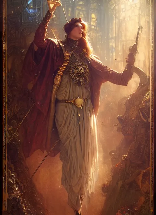 Image similar to hyper realistic knight casting a spell, refined details, denoised, birds eye view, magical, gems, jewels, gold, steampunk, cyberpunk utopia, painted by tom bagshaw, mucha, gaston bussiere, craig mullins, j. c. leyendecker 8 k