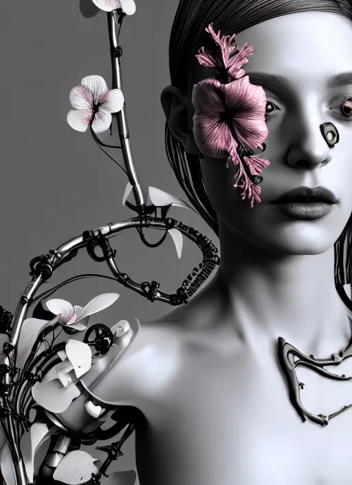 Image similar to monochrome 3 d model, biomechanical beautiful young female cyborg with porcelain profile face and a big floral eye, volumetric light, leaves foliage and stems, hibiscus flowers, boho floral vines, sinuous fine roots, fine foliage lace, alexander mcqueen, rim light, big gothic fashion pearl embroidered collar, steampunk, octane render, 8 k