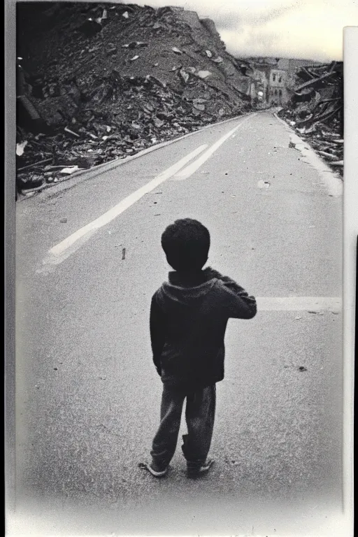 Image similar to photo polaroid of a sad and lonely child in the middle of a road destroyed by bombs ,war, has a gun in his hand, loneliness,, black and white ,photorealistic, 35mm film,