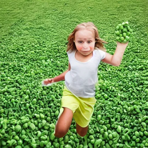 Prompt: a child with a runny nose and sauerkraut arms running over peas