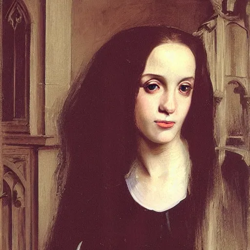 Image similar to a portrait of a gothic young women with long hair in a magical castle by currin, john