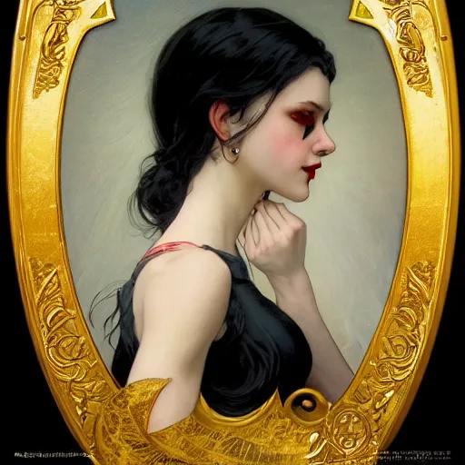 Image similar to portrait of a very beautiful vampire by Stanley Artgerm Lau , greg rutkowski, thomas kindkade, alphonse mucha, loish, norman rockwell, J. C. Leyendecker. dark black hair, pale skin, detailed eyes, red lips, crying tears of blood. Trending on artstation rule of thirds extremely detailed illustration hd 4k