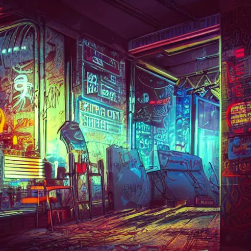 Image similar to graffiti on a wall in an old building, happy mood, cyberpunk, futuristic, neon, high detail, golden light, realistic