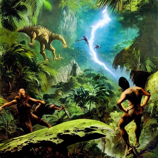 Image similar to an adventurer descends to the hollow earth, action shot, tropical forest, dinosaurs, intense lighting, painting by Frank Frazetta