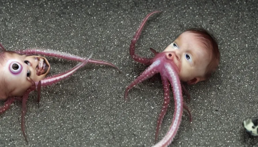 Prompt: Big budget horror movie, scientists examine a baby squid