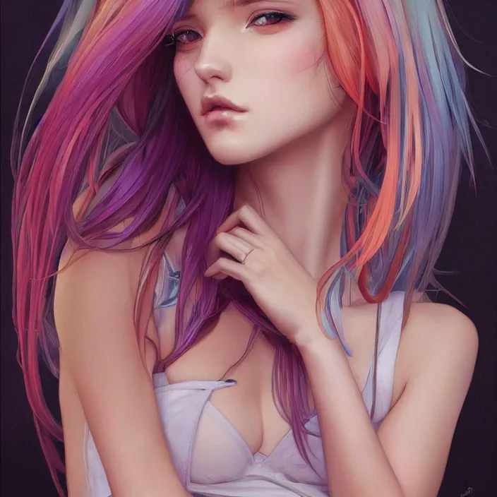 Image similar to portrait of beautiful symmetrical anime girl, rainbow hair, attractive, casual, modern, victoria's secret, highly detailed, digital painting, artstation, concept art, smooth, sharp focus, illustration, art by artgerm, greg rutkowski and alphonse mucha, 8 k,