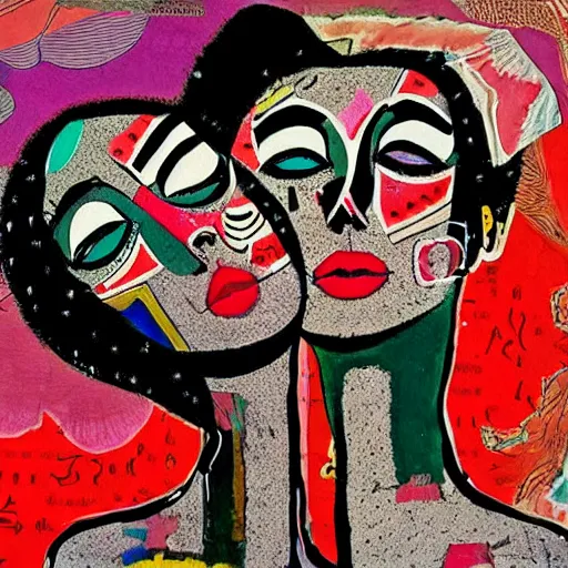 Prompt: beautiful painting of two bizarre psychedelic women kissing each other closeup in tokyo in winter, speculative evolution, mixed media collage by basquiat and junji ito, magazine collage art, paper collage art, sapphic art, lesbian art