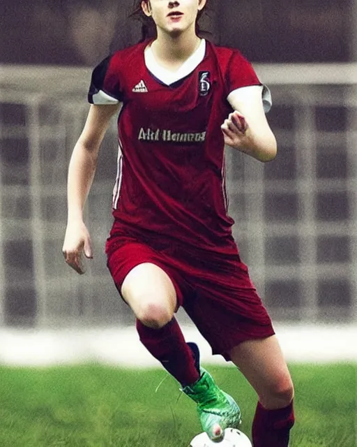 Image similar to emma watson as lokomotiv football player, hyper realistic, highly detailed