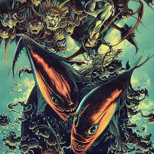 Image similar to vampire fishes, catelvania, by yoichi hatakenaka, masamune shirow, josan gonzales and dan mumford, ayami kojima, takato yamamoto, barclay shaw, karol bak