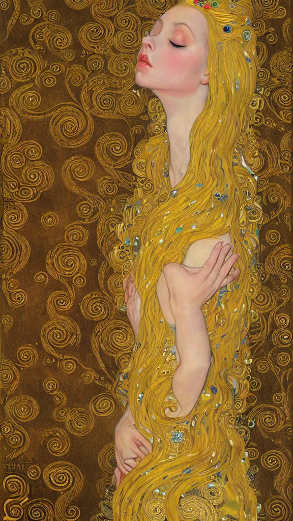 Image similar to a soft and breathtaking detailed painting of a full body sleeping blonde princess in the style of Gustav Klimt, blonde hair, shiny gold, elegant, highly detailed, artstation, fluo colors, concept art, matte, sharp focus, art by Gustav Klimt