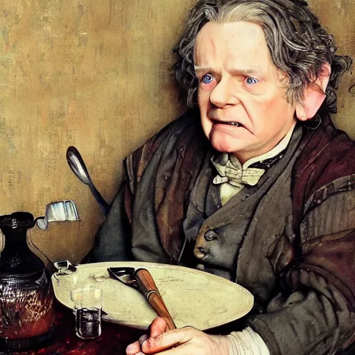 Image similar to bilbo baggins gets on myspace, realistic oil painting, style of norman rockwell, 8 k, super sharp, ultra detail, rule of thirds.