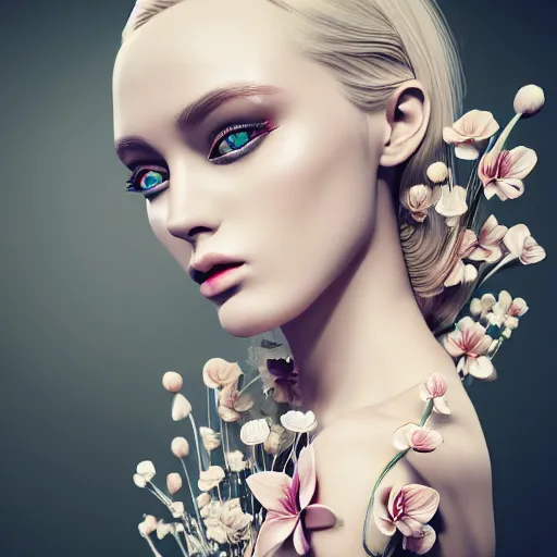 Prompt: beautiful blonde lady in a 3D flower dress , hyperrealistic, ultra detailed, octane render, symmetric, 3d, majestic, dark fantasy, intricate