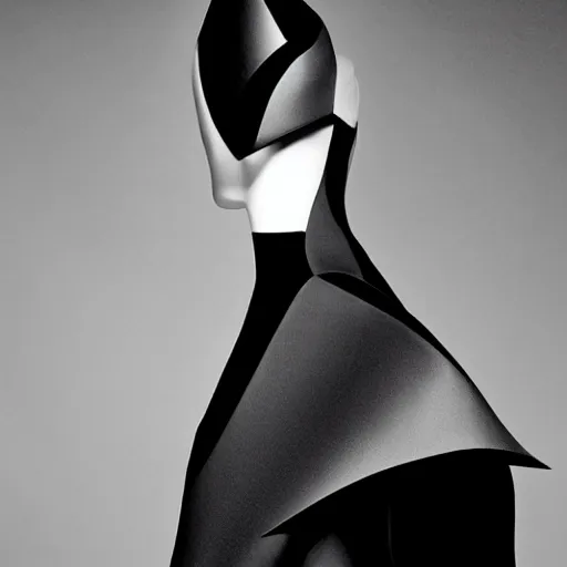 Prompt: a model dressed in an avant garde haute couture dress, angular minimalism, vogue editorial photo, sharp focus dynamic light