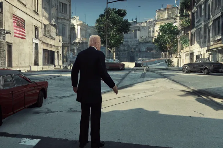 Image similar to screenshot of joe biden using fiber wire in hitman sapienza, ray tracing