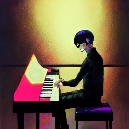 Prompt: harmony of, mute, portrait of black haired yoongi eyes closed playing piano in a black room, neon absinthe tears ( portrait of yoongi bts blood sweat & tears ) by wlop, james jean, victo ngai, beautifully lit, muted colors, highly detailed, fantasy art by craig mullins, thomas kinkade