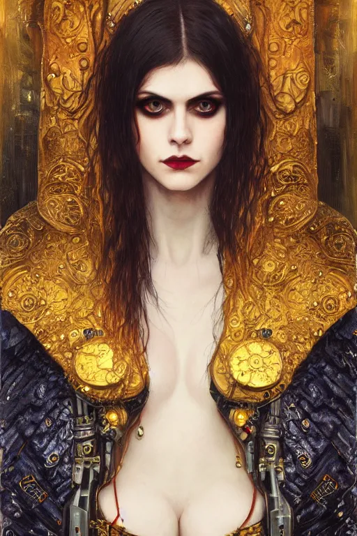 Image similar to portrait of beautiful gothic Alexandra Daddario, cyberpunk, Warhammer, highly detailed, artstation, illustration, art by Gustav Klimt