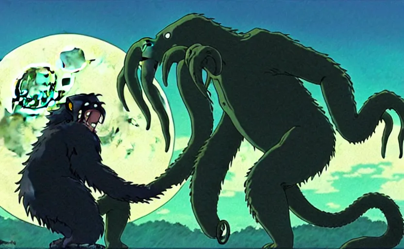 Prompt: a still from a studio ghibli movie of a cartoon cthulhu strangling king kong from princess mononoke ( 1 9 9 7 ), in front of a pale full moon, full body, wide shot, very dull muted colors, studio ghibli, highly detailed, deviantart, art by artgem