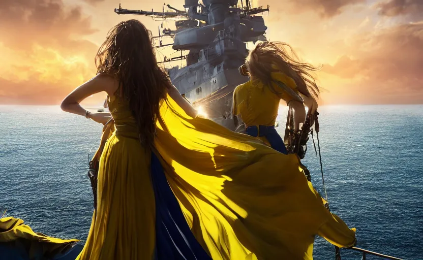 Prompt: cinematic shot from behind of a beautiful girl in national blue and yellow dress with beautiful hair standing against and facing a huge realistic detailed Russian warship on the horizon. She is ready to fight. Ukrainian flag on the left side, concept art, сinematic lighting, insanely detailed, smooth, sharp focus, Artstation, 8k, unreal engine, hyper realistic, steampunk style, bright background, moonlight, volumetric lighting, wallpaper, digital illustration by Ruan Jia and Mandy Jurgens and Artgerm and Wayne Barlowe and Greg Rutkowski and Zdislav Beksinski