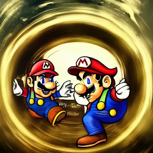 Image similar to wario and mario seeing each other through a portal, digital art, artstation