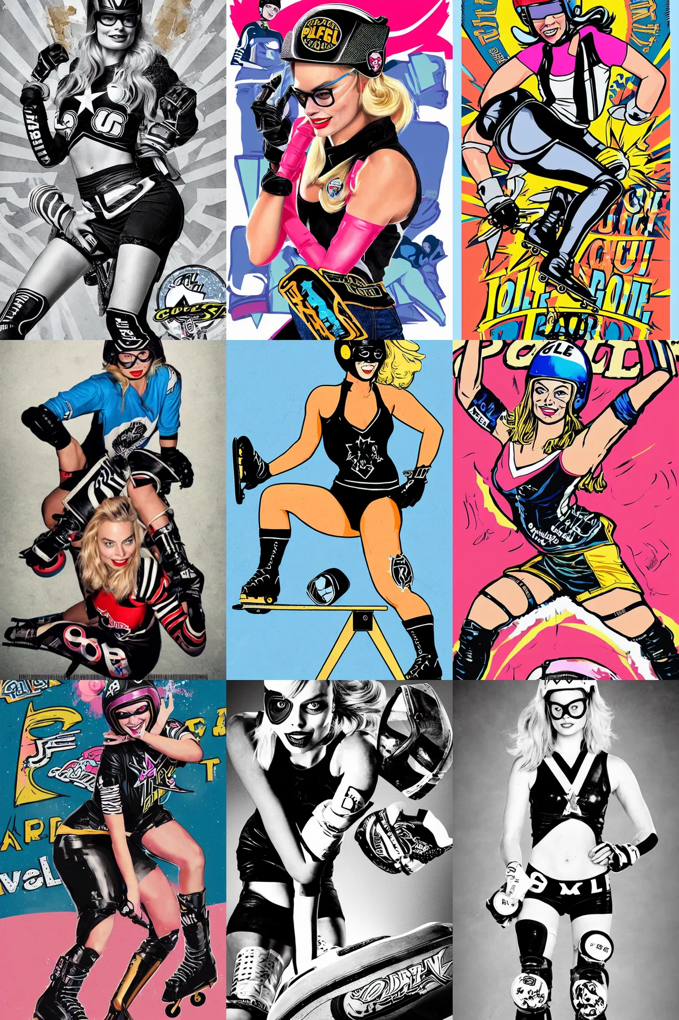 Prompt: Margot Robbie as roller derby girl portrait, logo, wearing skating helmet, wearing knee and elbow pads, showing victory, Philippe Caza