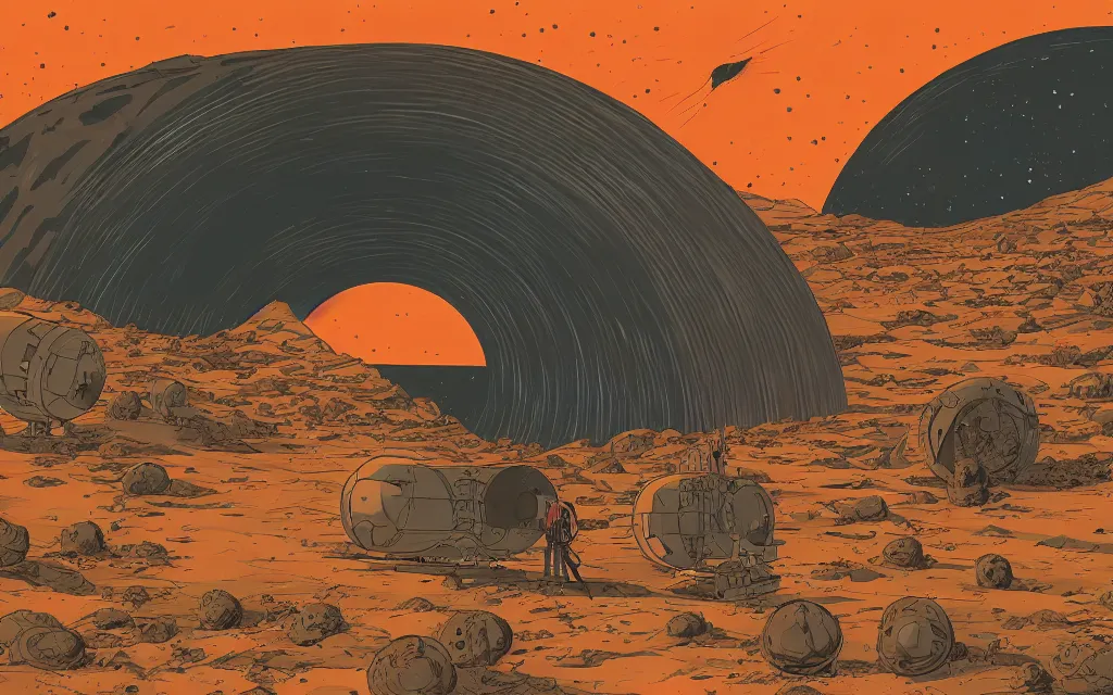 Prompt: very detailed, ilya kuvshinov, mcbess, rutkowski, illustration of a 2 5 tonne nuclear blast door on a desert planet, wide shot, colorful, deep shadows, astrophotography