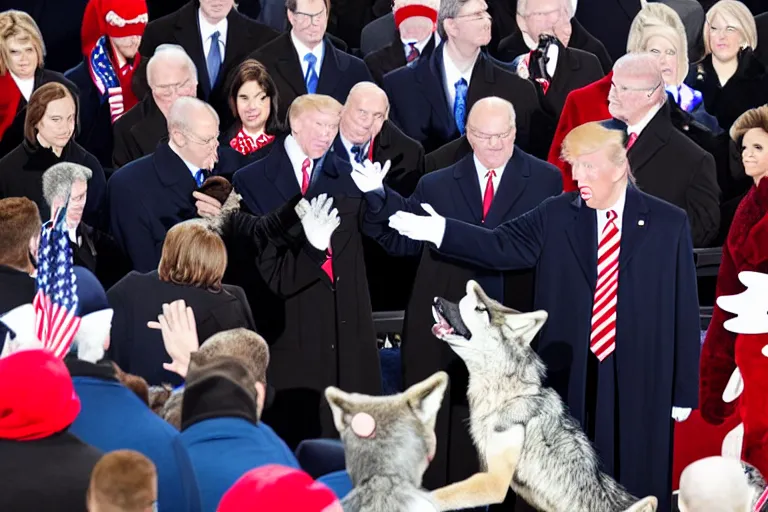 Image similar to photo of the usa presidential inauguration, a wolf fursuiter being inaugurated as president