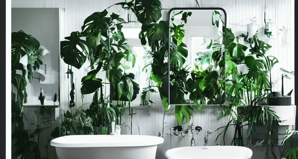 Image similar to IKEA catalogue photo of a cyberpunk bathroom, mirrors, steamed up, monstera plants, overgrown, vines, by Paul Lehr