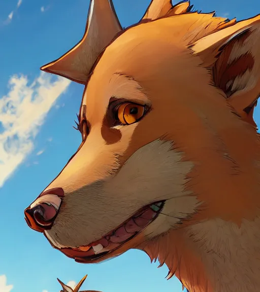 Prompt: stylized 3 / 4 portrait concept art of the anthro anthropomorphic dingo dog head animal person fursona wearing clothes adventurer standing in australia outback, hidari, color page, tankoban, 4 k, tone mapping, akihiko yoshida, greg rutowski, yoji shinkawa