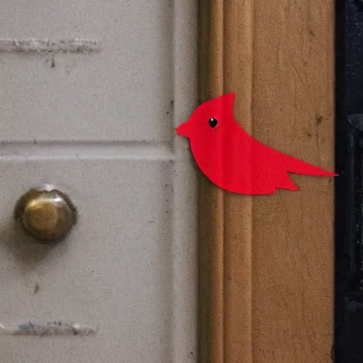 Image similar to A door inside a french college building with a sticker on it of the Red Bird Studios logo, the door is slightly opened with a pair of eyes peeking through the gap