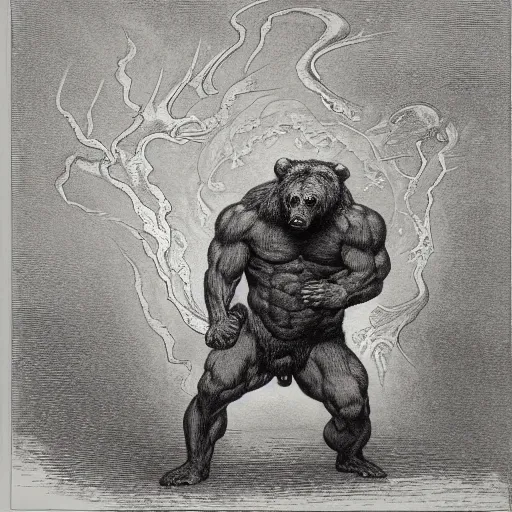 Image similar to full body grayscale drawing by Gustave Dore of muscled humanoid bear beast in heroic pose, swirling flames in background