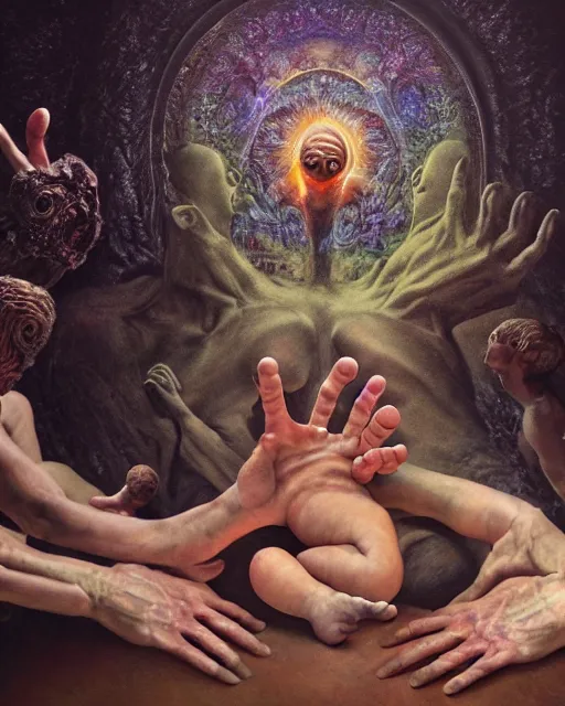 Prompt: realistic scene of a creation of first human baby, psychedelic, dark art, facing camera, photo realistic, detailed, 1 4 5 0, delicate, hyper realism, ultra realistic, 8 k