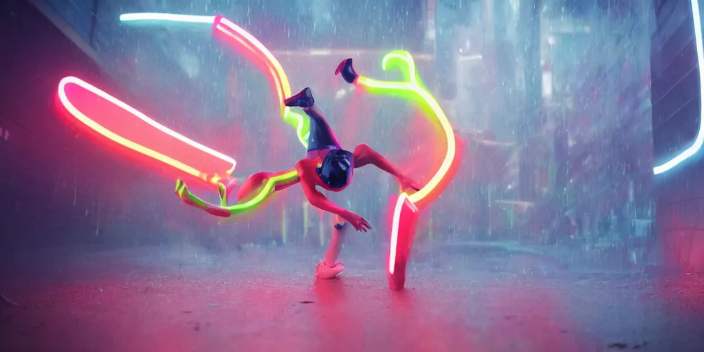 Image similar to cinematic slow motion camera wide angle of slow motion film still of futuristic break dancer wearing latex with neon lights, long exposure shot , motion blur, at night in the middle of a rainy and foggy surreal streer, paddle of water, water splashes, rim lights, glossy reflections, water droplets on lens, octane render, depth of field, detailed and soft, by laurie greasley