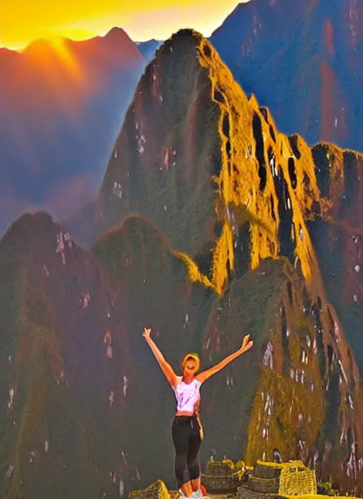 Image similar to a painting of a beautiful sunrise on the machu picchu with arms up, dramatic lighting, fantasy art