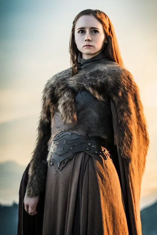 Prompt: a beautiful female guardian from westeros shyly posing on camera, symmetrical, cinematic, elegant, dawn light, real dlsr photography, sharp focus, 4 k, ultra hd, sense of awe