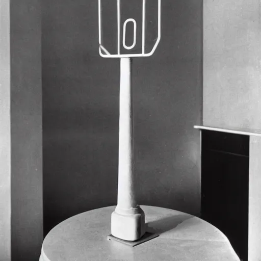 Prompt: a single readymade named Bottle Rack by Marcel Duchamp, banal object on a pedestal, historical archive, wide angle studio shoot, 1951