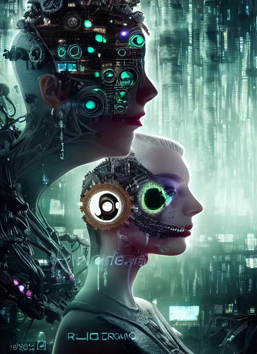 Image similar to 35mm portrait of complex, sophisticated and intricate 7 of 9 borg with eye implant, on the background of a weird magical mechanical forest. Round gears visible inside her hear. Very detailed 8k. Fantasy cyberpunk horror. Sharp. Cinematic post-processing