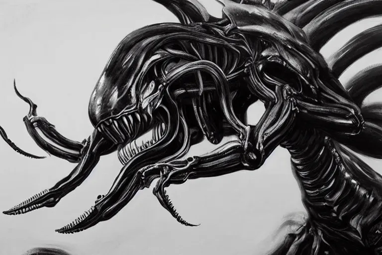 Prompt: ultra realist soft painting of a single xenomorph so scary one glance is enough to drive a man insane, tentacles, eyes, very intricate details, ultra dense fog, golden ratio, volumetric black and white lighting, reflections, refractions, symmetry accurate anatomy features, unreal render