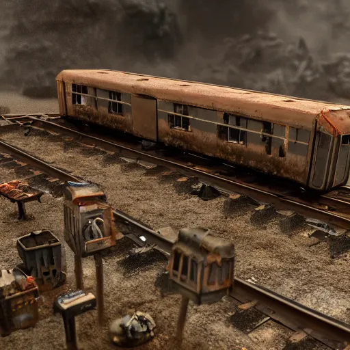 Image similar to a anthromorphic train post-apocalyptic miniatures wargame Photorealistic HD 8k highlights and shadow detailed High Resolution