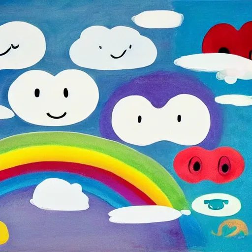 Prompt: clouds with rainbow colors, smiley faces, Edvard Munch, David Hockney, Takashi Murakami, Minimalist,