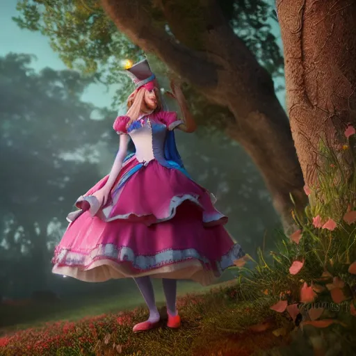 Image similar to teenager alice, alice in wonderland theme, photo realistic, disney, octane render, 8 k, unreal engine, hd, cinematic lighting